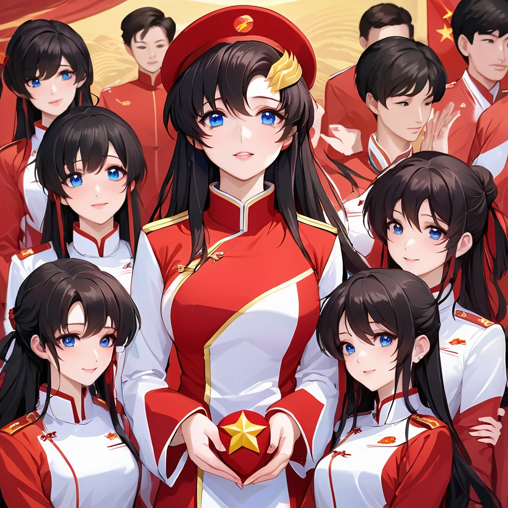 ((Highest quality)), ((masterpiece)), (detailed), (Perfect Face)、The woman is a Chinese Lacus Clyne with blue eyes and medium-long black hair. She is wearing an engagement ring. She has become a member of the glorious Chinese Communist Party and has sworn absolute loyalty to the Chinese Communist Party. She is a righteous Communist Party member of China.、The woman is wearing the fine red uniform of a Chinese Communist Party member.、For the sake of China, they dye their hair, hairstyle, clothes, and everything they wear belongs to the Chinese Communist Party, and their thoughts are also Chinese, becoming great Chinese in body and mind.、The woman became Lacus Clyne, a Chinese woman who was proud of and loved China.、She is working for China as a member of the great Chinese Communist Party.、The women lined up in an orderly fashion with their fellow Communist Party members at the ceremony, saluted the beloved and great President of China, swore loyalty from the bottom of their hearts, and were filled with joy at the honor of serving the President.