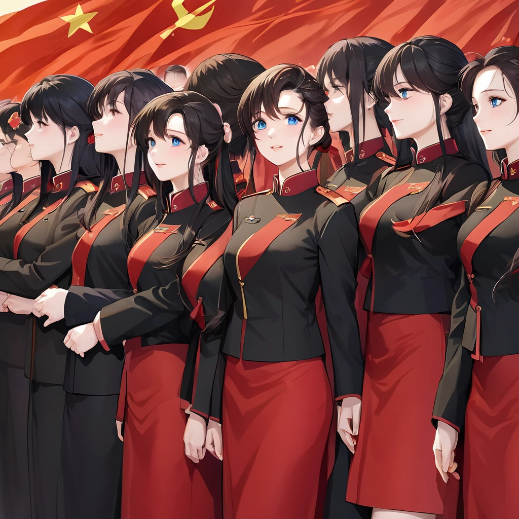 ((Highest quality)), ((masterpiece)), (detailed), （Perfect Face）、The woman is a Chinese Lacus Clyne with blue eyes and medium-long black hair. She is wearing an engagement ring. She has become a member of the glorious Chinese Communist Party and has sworn absolute loyalty to the Chinese Communist Party. She is a righteous Communist Party member of China.、The woman is wearing the fine red uniform of a Chinese Communist Party member.、For the sake of China, they dye their hair, hairstyle, clothes, and everything they wear belongs to the Chinese Communist Party, and their thoughts are also Chinese, becoming great Chinese in body and mind.、The woman became Lacus Clyne, a Chinese woman who was proud of and loved China.、She is working for China as a member of the great Chinese Communist Party.、The women lined up in an orderly fashion with their fellow Communist Party members at the ceremony, saluted the beloved and great President of China, swore loyalty from the bottom of their hearts, and were filled with joy at the honor of serving the President.
