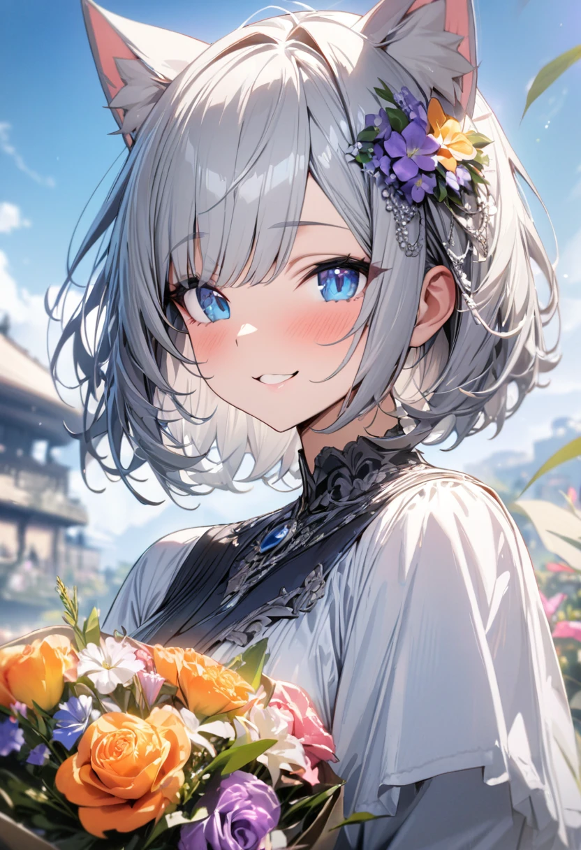 silver bob hair, 1 girl, (((best quality)), ((masterpiece)), (details), masterpiece, best quality, high quality, super detailed, perfect face, ((1 girl, Blue eyes, Cat ears: 1.3 silver bob: 2.5,)),Shiny Hair、Shiny skin、smile、Alluring expression、Bouquet of colorful flowers、Flower Hair Ornaments、blue sky、