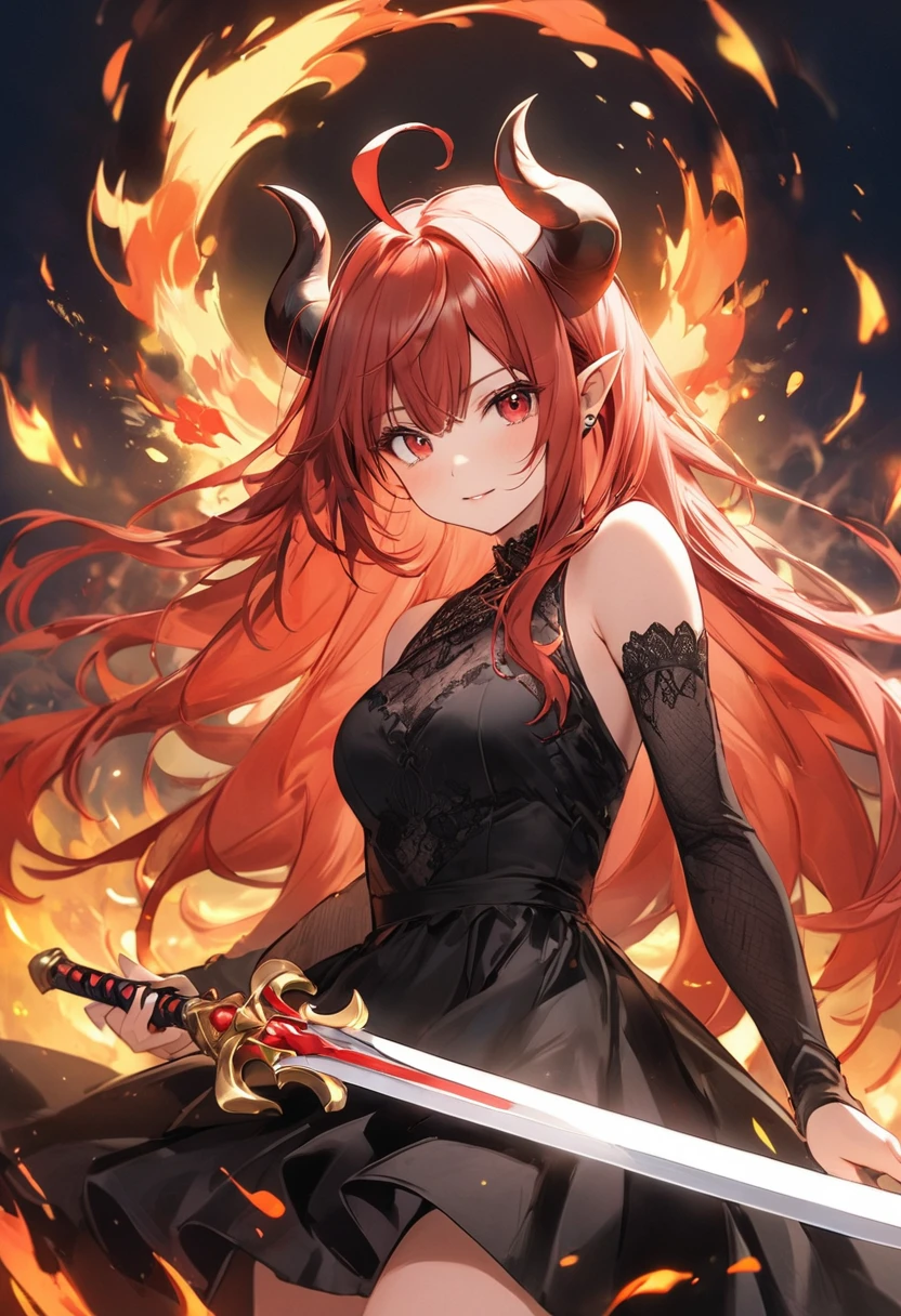 an anime styled character with long red hair with horns and a dress on with a white sword, 1girl, solo, red hair, red eyes, long hair, horns, fire, ahoge