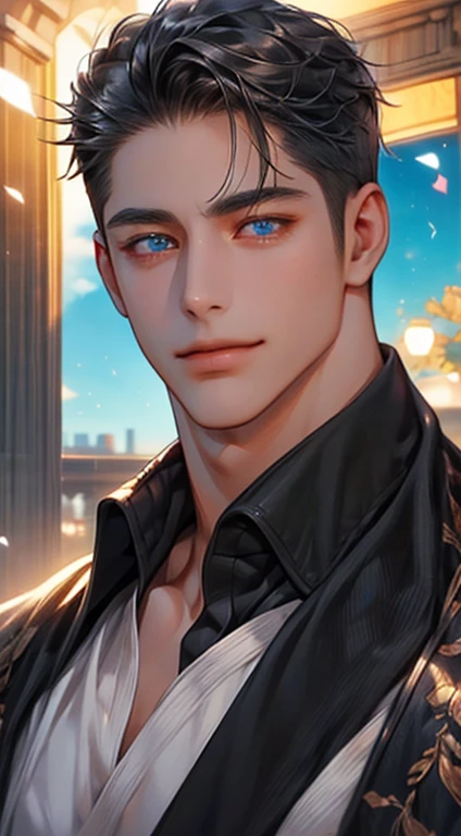 (best quality,4k,8k,highres,masterpiece:1.2),ultra-detailed,(realistic,photorealistic,photo-realistic:1.37),1 man,31 years old,mature man,very handsome,without expression,smile,short grey black hair,blue eyes,penetrating gaze,perfect face without errors,imposing posture,businessman,office background,cinematic lighting,hdr image