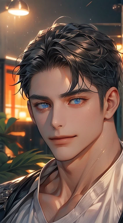 (best quality,4k,8k,highres,masterpiece:1.2),ultra-detailed,(realistic,photorealistic,photo-realistic:1.37),1 man,31 years old,mature man,very handsome,without expression,smile,short grey black hair,blue eyes,penetrating gaze,perfect face without errors,imposing posture,businessman,office background,cinematic lighting,hdr image