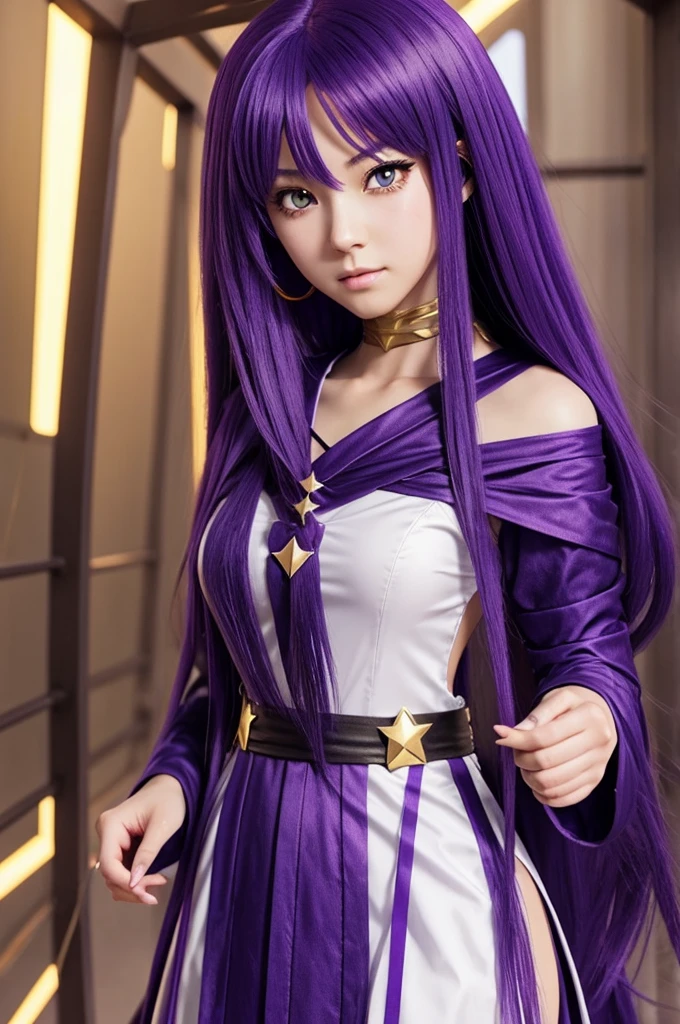 Create a female anime Oc "Demon Slayer" , I want her hair to be VERY long and purple, May your eyes be blue and on your right hand you have a diamond ring and a gold star.