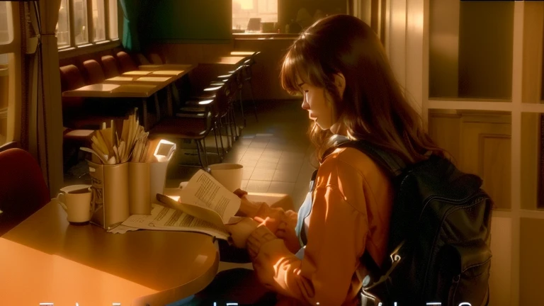 there is a woman Sitting at the table with a backpack, Movie stills, Movie screenshots, A scene from a movie, Movie screenshots, Movie screenshots, Movie stills, Movie screenshots, vhs screen cap, Movie stills, Movie stills, Sitting alone in a café, Sitting at the table, Movie Scenes