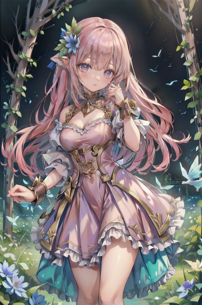 art：Cornflower,(masterpiece),(Highest quality:1.2),(Perfect Anatomy),(1 girl),Fairy,Beautiful and detailed pink eyes,Beautiful pink hair,(Pink Dress),(Highly detailed elegant),Classic Style,Rich colors,Vivid texture, Detailed skin,Add a dramatic and symbolic element to your scene, Written boundary depth, Silky to the touch,Dynamic Composite,Delicate texture,Standing in a field of green plants and flowers,Warm lighting,Brush strokes