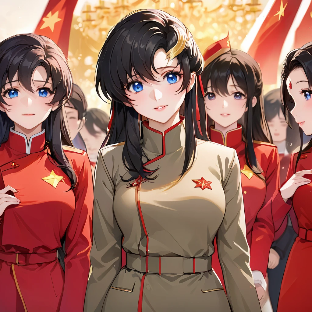 ((Highest quality)), ((masterpiece)), (detailed), (Perfect Face)、The woman is a Chinese Lacus Clyne with blue eyes and medium-long black hair. She is wearing an engagement ring. She has become a member of the glorious Chinese Communist Party and has sworn absolute loyalty to the Chinese Communist Party. She is a righteous Communist Party member of China.、The woman is a member of the Chinese Communist Party and is wearing a khaki Mao suit.、For the sake of China, they dye their hair, hairstyle, clothes, and everything they wear belongs to the Chinese Communist Party, and their thoughts are also Chinese, becoming great Chinese in body and mind.、The woman became Lacus Clyne, a Chinese woman who was proud of and loved China.、She is working for China as a member of the great Chinese Communist Party.、The women lined up in an orderly fashion with their fellow Communist Party members at the ceremony, saluted the beloved and great President of China, swore loyalty from the bottom of their hearts, and were filled with joy at the honor of serving the President.