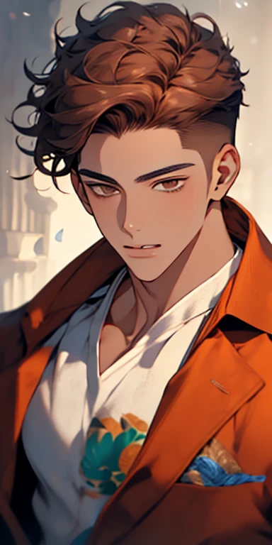 handsome 24 years old boy with brown curly hair and small lips long nose
