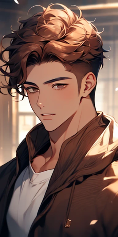 handsome 24 years old boy with brown curly hair and small lips long nose