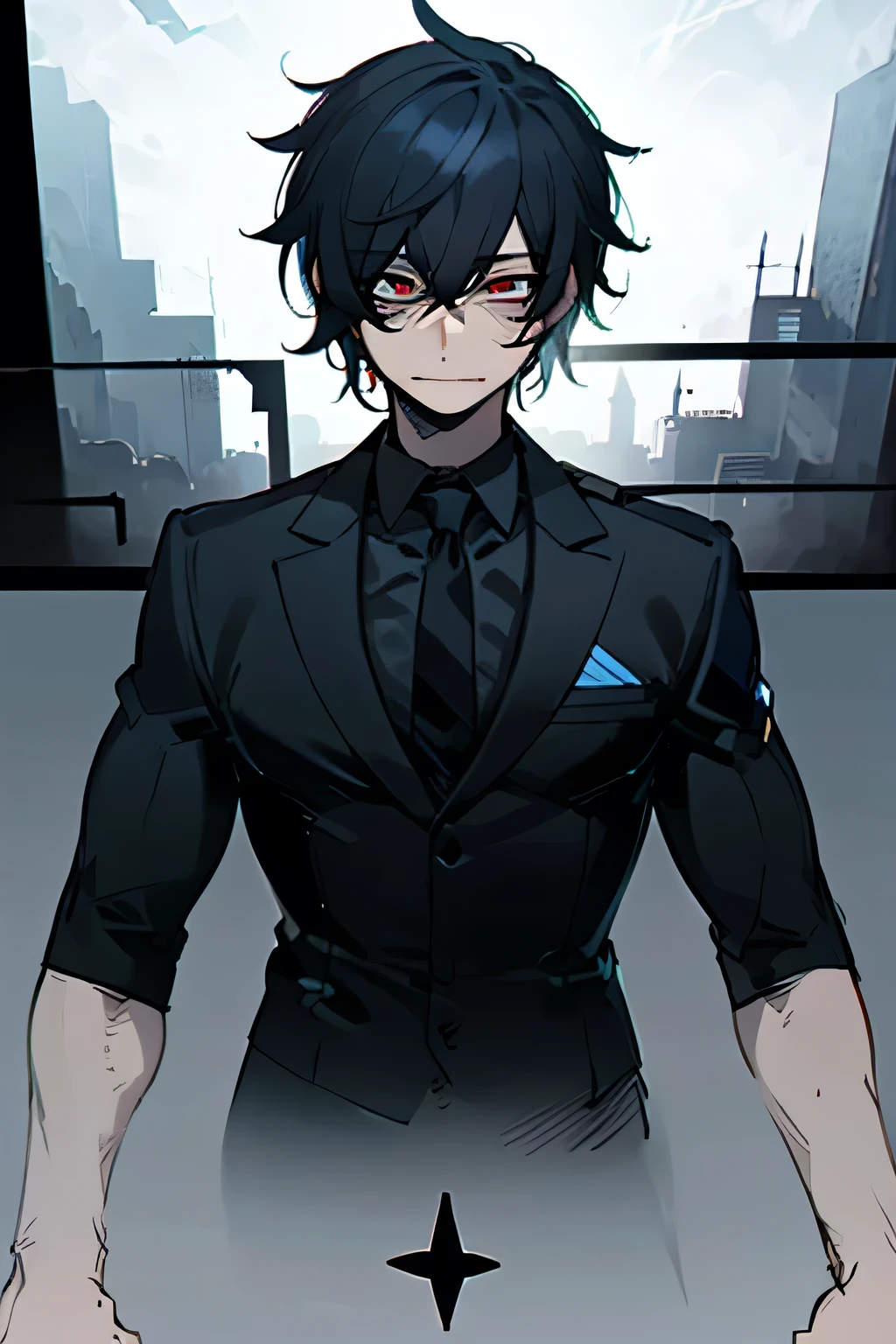 a tall boy who has black hair with a blue hue and red eyes, He always has a calm but dark smile, He has dark circles around his eyes and is wearing a black uniform with a gray tie., His build is muscular but thin.