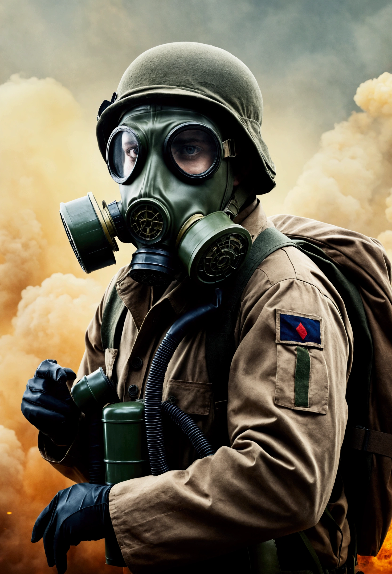 A modern soldier wearing a gas mask and a scientist wearing a gas mask protrude into the world.