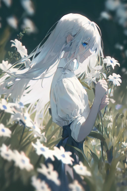 Full pixel,masterpiece, Highest quality, High resolution, Rare blue eyes, short hair,Long gold ribbon tie, One girl, vein, gray robe, mask, smile, View your viewers, Are standing, The wind is blowing, petal, Holding flowers, Shining starry sky