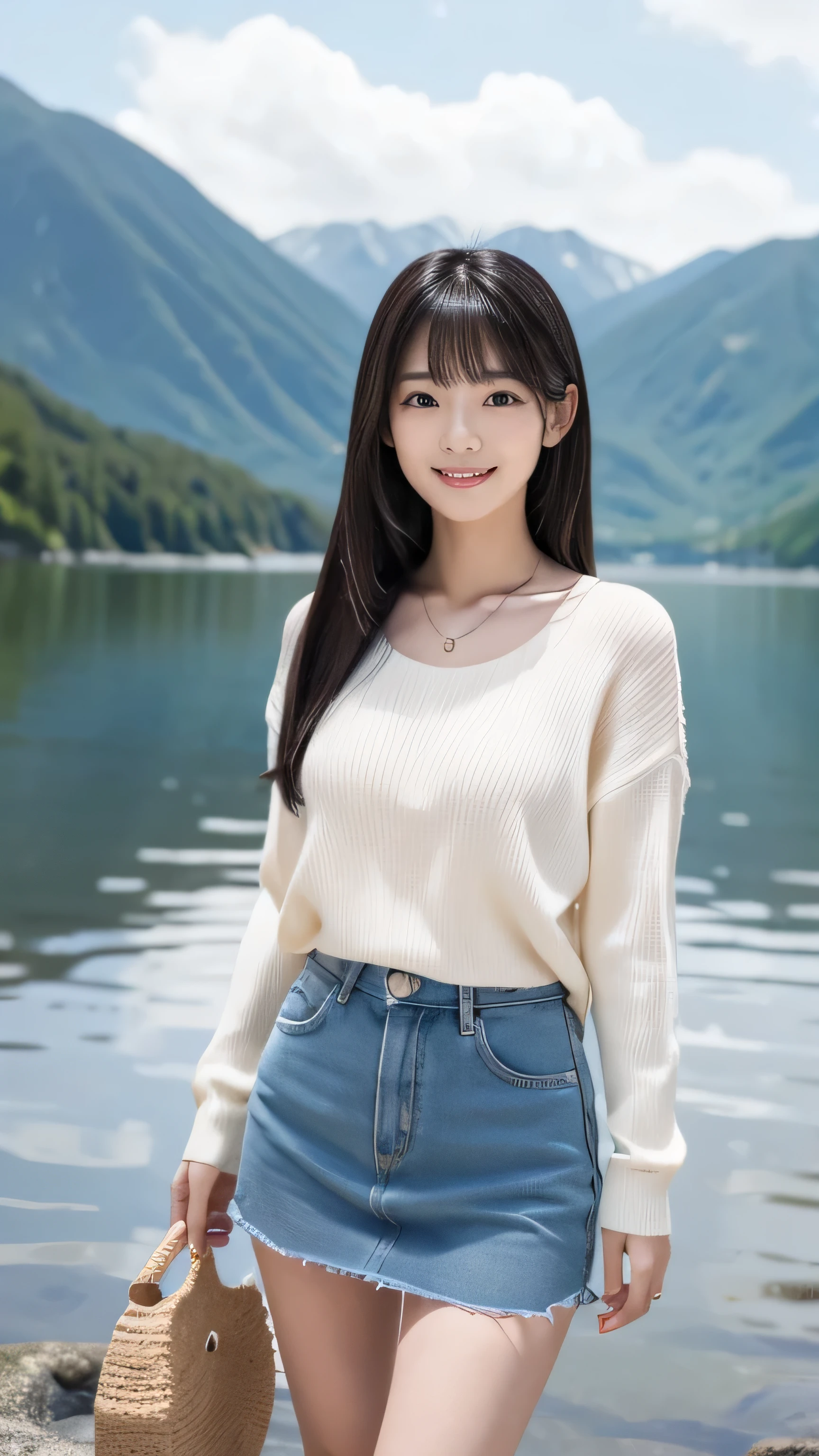 Create an ultra-realistic image of a 21-year-old Japanese woman named Kotone visiting Kuzuryu Lake in Fukui Prefecture. She has extremely long, perfectly straight black hair that flows down to her waist, with blunt bangs that cover her forehead. Her eyes are large, enchanting, and have double eyelids with sparkling black pupils, giving them a captivating and youthful appearance. Her face is delicate and innocent, with very thin eyebrows that frame her large, childlike eyes. Kotone's skin is smooth and flawless, resembling snow in its pure white color. She has a slender and well-proportioned body with a shapely bust size of 95 cm, a height of 158 cm, a weight of 43 kg, an ideal waist size of 58.46 cm, and an ideal hip size of 86.73 cm. Her complexion is flawless, without any wrinkles, and her natural makeup enhances her features subtly, maintaining a fresh and youthful look. She embodies a perfect balance of youthful charm and mature elegance, with a cute and innocent smile that adds warmth and affection to her appearance.

Kotone should be depicted standing by the picturesque Kuzuryu Lake, with the calm waters and surrounding mountains in the background. She is wearing outdoor attire that is both stylish and suitable for enjoying the natural scenery, such as a chic sweater, fashionable hiking pants, and stylish hiking boots.
