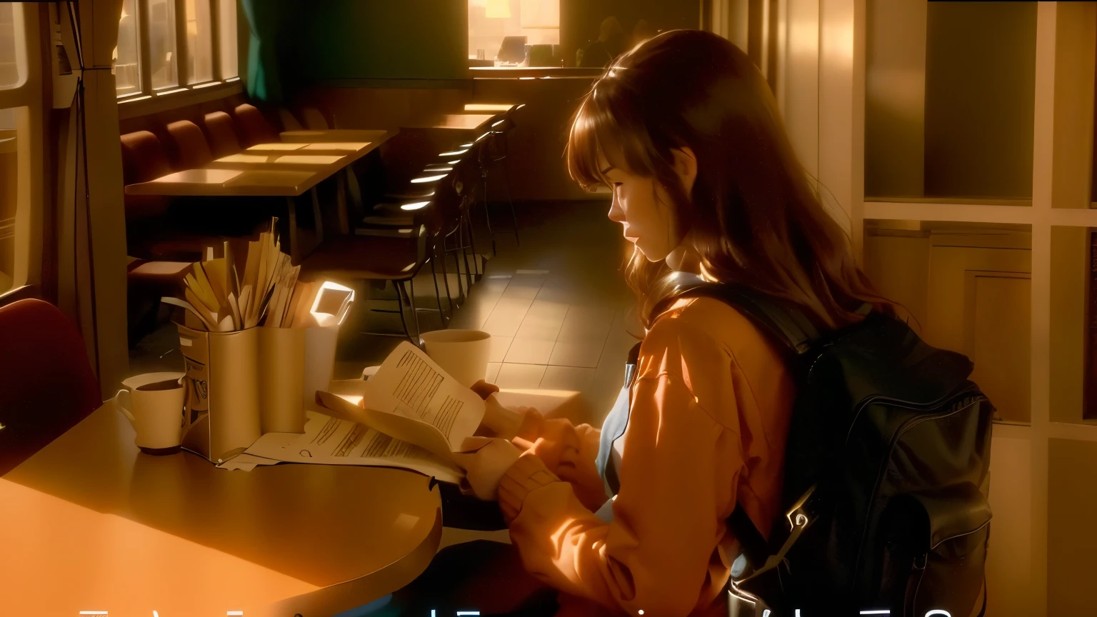 there is a woman Sitting at the table with a backpack, Movie stills, Movie screenshots, A scene from a movie, Movie screenshots, Movie screenshots, Movie stills, Movie screenshots, vhs screen cap, Movie stills, Movie stills, Sitting alone in a café, Sitting at the table, Movie Scenes
