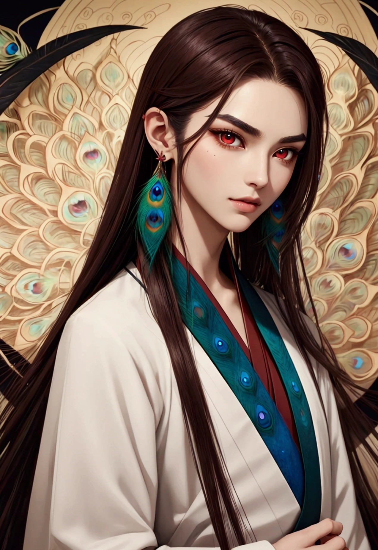 sarcastic young male mage. red eyes. fox-like eyes. narrow eyes. smirk. thin-thin lips. sharp face. thin sharp eyebrows. eyebrows tick. very long brown hair. peacock feather earring in one ear. hanfu