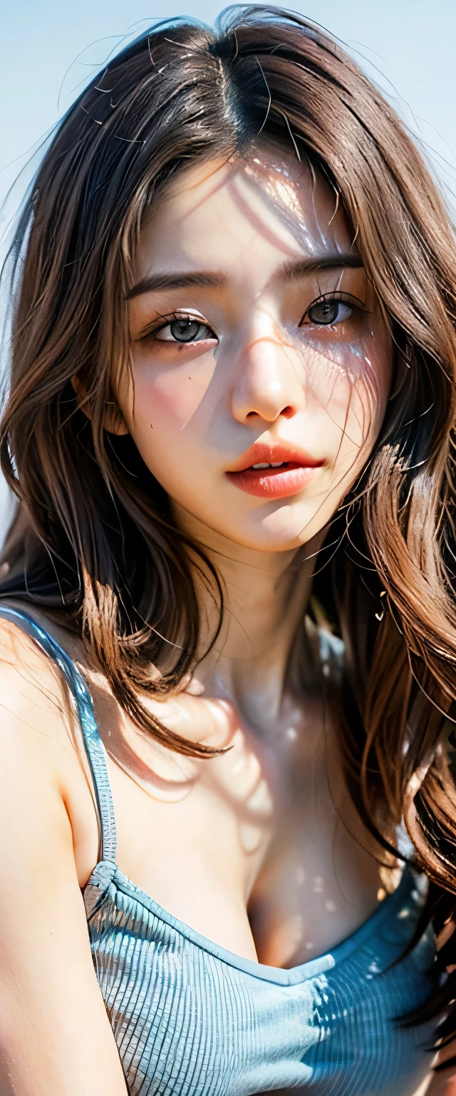 (1 girl:1.3), (Highest quality:1.4), 32k High Resolution UHD, (masterpiece:1.2), Very detailed, Perfect Face, , Japanese women, Cute face, Summer daytime, No background, Details face, ((whole body)), skinny body:1.21, clavicle, Flat Chest, Light blue tank top:1.37, cargo pants:1.37, Bust Top Enhancement:0.5, Symmetrical eyes, Gazing at the audience, Natural Makeup, (The most quality perfect eyes:1.25), ((Clear eyes)), (Realistic eyes),perfectly round eyes, (Detailed and accurate nose:1.21), Perfect composition, (tired, Sleepy and satisfied:0.0), (Correctly drawn beautiful lips:1.21), (Flat Chest:1.2), (Slim lower body), Brown hair fluttering in the wind, (Wavy Hair:1.37), Milky skin, Glowing Skin, An ennui look, 