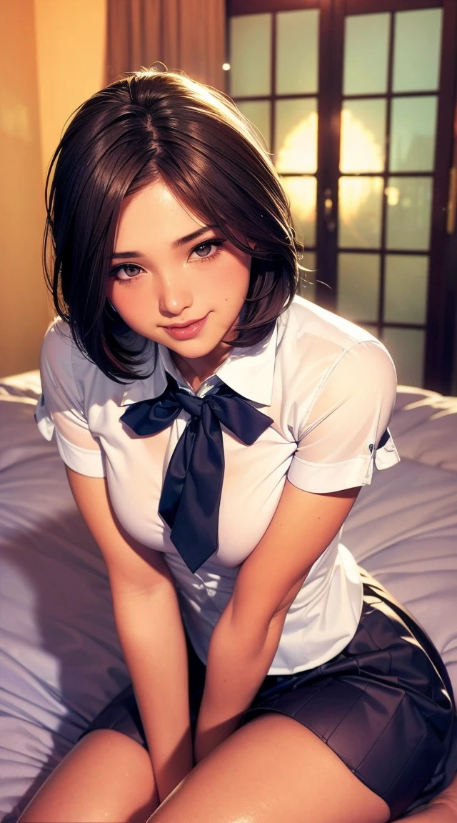(8k, RAW Photos, Highest quality, Master:1.2), (Realistic, photo-Realistic:1.37), Super detailed, 1 girl, cute, alone, Beautifully detailed skies, Detailed face, night, Sitting, Date, (blush), (smile: 1.1), (shut up), Big Breasts, Beautiful and delicate eyes, Button unbuttoned, (Collared shirt: 1.1), bow tie, Pleated skirt, (short hair: 1.2), Flowing Hair, Long eyelashes, eye shadow, Small face, Big eyes, Full Body Shot, Exposing shoulders, indoor, bed