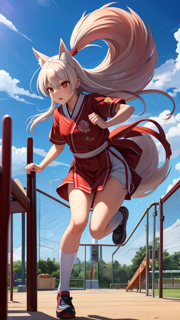 best quality,masterpiece,Ultra-high resolution,(photoactual:1.4),School,A 14-year-old Japanese nine-tailed fox demon girl,long flowing hair,身穿School体育服,Running at full speed on the playground,Sweat profusely