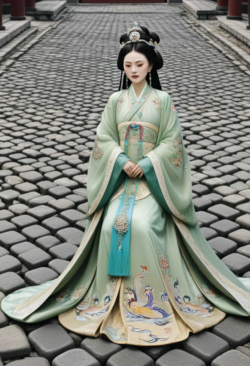 A Qing Dynasty Empress on cobblestones outside the Chinese palace, showing her genitals