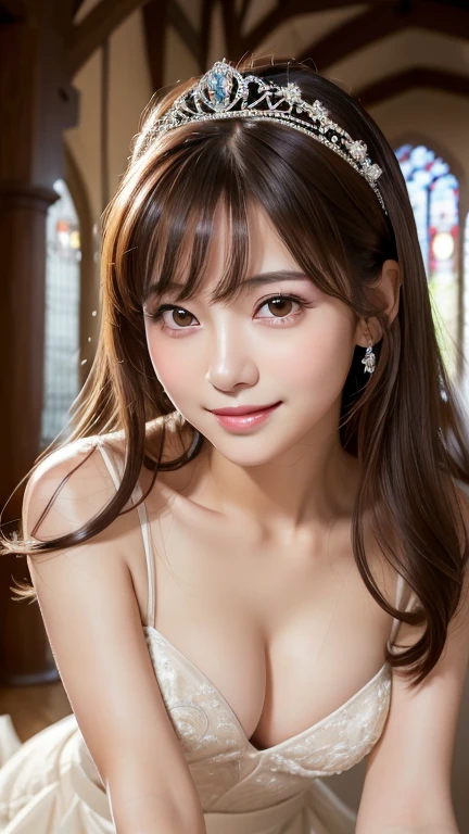 (Highest quality:1.5)、(Realistic:1.5)、(1 person:1.5)、(On all fours:1.2)、(Crawling posture)、Very detailed、High resolution、8k wallpaper、、Small breasts、Natural color lips、Cute Smile、Japanese women、20-year-old girl、Beautiful and elegant face、Perfect and beautiful face、Big eyes、Brunette's eyes、Beautiful and elegant face、Perfect and beautiful double eyelids、Natural Bangs、Beautiful thin nose、Beautiful Skin、Chestnut Hair、Medium Bob Hair、Shortcuts、Layered Cut、Show your forehead、Perfect and beautiful face、Slim face and figure、(Looking into the camera)、Bright lighting、Professional Lighting、Forward lighting、Natural smile、church、Princess line wedding dress、tiara、Beautiful cleavage、