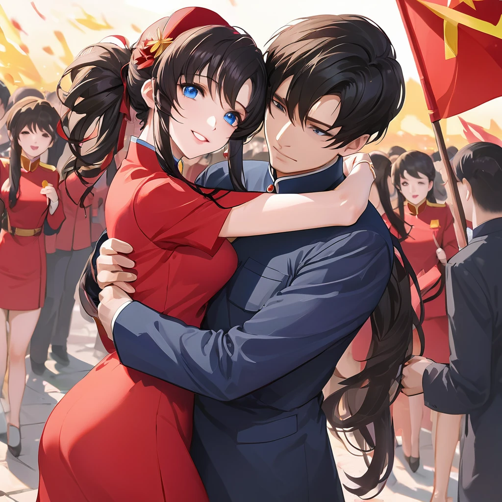 ((Highest quality)), ((masterpiece)), (detailed), (Perfect Face)、The woman is a Chinese Lacus Clyne with blue eyes and medium-long black hair. She is wearing an engagement ring. She has become a member of the glorious Chinese Communist Party and has sworn absolute loyalty to the Chinese Communist Party. She is a righteous Communist Party member of China.、The woman is wearing the fine red uniform of a Chinese Communist Party member.、For the sake of China, they dye their hair, hairstyle, clothes, and everything they wear belongs to the Chinese Communist Party, and their thoughts are also Chinese, becoming great Chinese in body and mind.、The woman became Lacus Clyne, a Chinese woman who was proud of and loved China.、The woman is chosen by a great Chinese Communist Party official and is given the honor of becoming his wife.、The woman looks happy being held in the arms of a great Chinese Communist Party official.、The woman is the wife of a glorious Chinese Communist Party official.、The man is a great Chinese Communist Party official, a dignified and imposing middle-aged man who has married a woman.