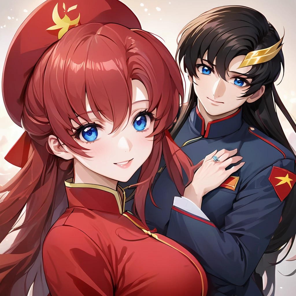 ((Highest quality)), ((masterpiece)), (detailed), (Perfect Face)、The woman is a Chinese Lacus Clyne with blue eyes and medium-long black hair. She is wearing an engagement ring. She has become a member of the glorious Chinese Communist Party and has sworn absolute loyalty to the Chinese Communist Party. She is a righteous Communist Party member of China.、The woman is wearing the fine red uniform of a Chinese Communist Party member.、For the sake of China, they dye their hair, hairstyle, clothes, and everything they wear belongs to the Chinese Communist Party, and their thoughts are also Chinese, becoming great Chinese in body and mind.、The woman became Lacus Clyne, a Chinese woman who was proud of and loved China.、The woman is chosen by a great Chinese Communist Party official and is given the honor of becoming his wife.、The woman looks happy being held in the arms of a great Chinese Communist Party official.、The woman is the wife of a glorious Chinese Communist Party official.、The man is a great Chinese Communist Party official, a dignified and imposing middle-aged man who has married a woman.