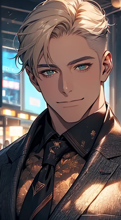 (Highest quality,4K,8K,High resolution,masterpiece:1.2),Super detailed,(Realistic,photoRealistic,photo-Realistic:1.37),1 person,34 years old,Mature Men,Beautiful skin、very handsome,Expressionless smile in love,Short white hair,green eyes,Sharp Eyes,A perfect face without a doubt,Businessman, CEO, Office Background,Cinema Lighting,HDR image,tie、