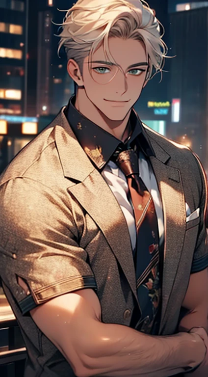 (Highest quality,4K,8K,High resolution,masterpiece:1.2),Super detailed,(Realistic,photoRealistic,photo-Realistic:1.37),1 person,34 years old,Mature Men,Beautiful skin、very handsome,Expressionless smile in love,Short white hair,green eyes,Sharp Eyes,A perfect face without a doubt,Businessman, CEO, Office Background,Cinema Lighting,HDR image,tie、