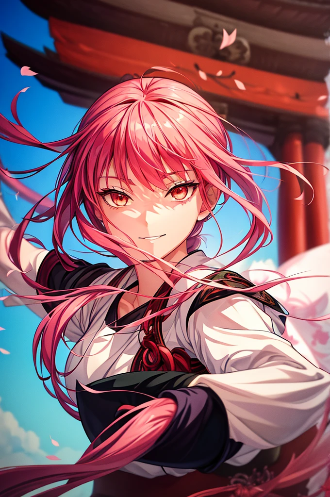 # Prompt for SeaArt

An anime-style illustration of a girl with the following characteristics:
- Wearing a Samurai clothes
- Long pink Hair
- Red Eyes
- Smiling
- swings katana
-One Person
Background:
- Shrine with Sakura Trees

Art style:
- Bright, colorful anime style with attention to facial expressions and dynamic movement
