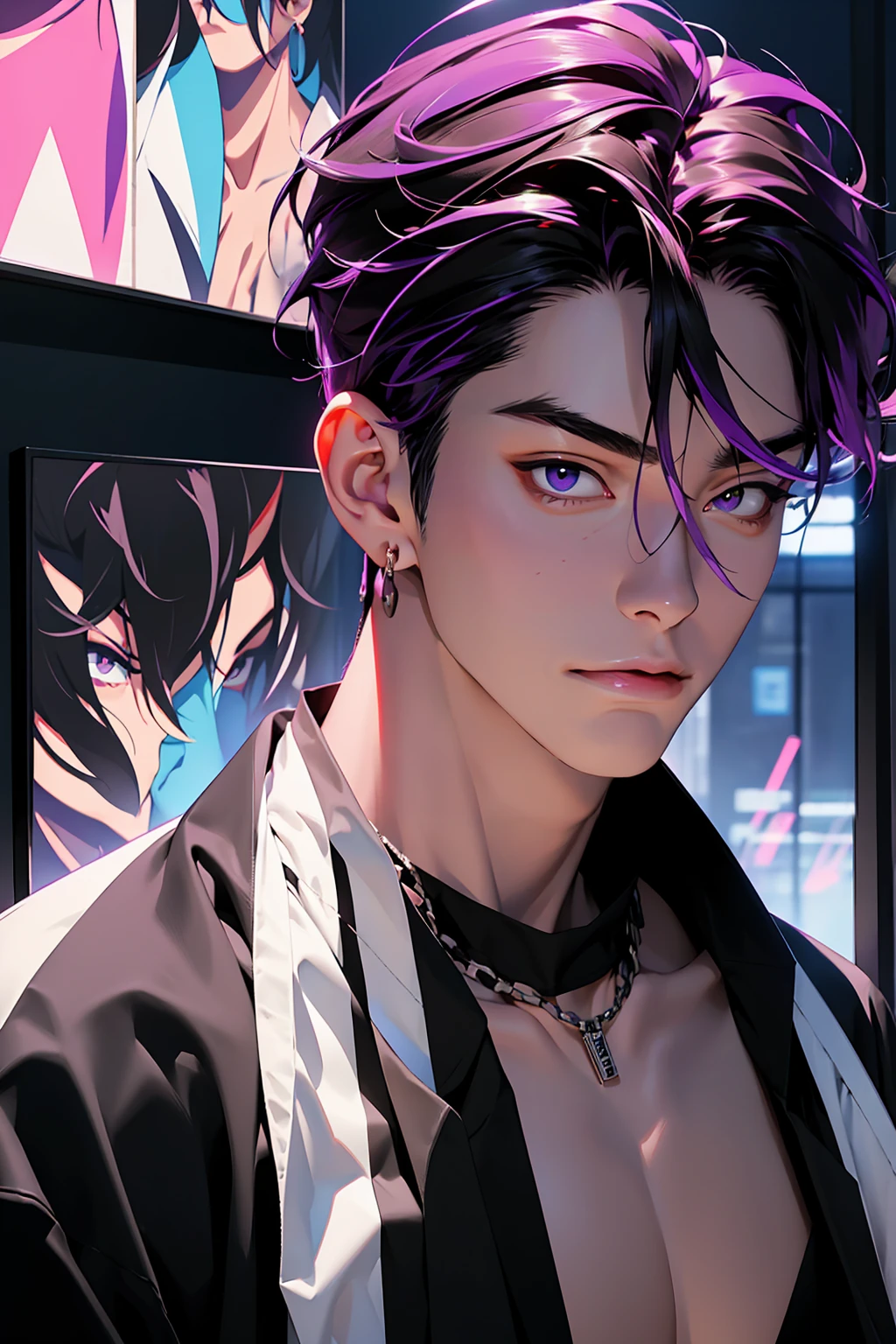 highest quality, 8K, high resolution image, anime style Jujutsu Kaisen, (Iori_suiseki), detailed strokes, bored look , blurred, purple light reflecting from it, 1 man, young, male, model, hand in pocket, cool guy, multicolored Background with various geometric shapes, around stickers, muscular,Black hair, purple eyes, multicolored hair, purple hair, hair between eyes, highlighted hair ,swollen chest, black Jacket, sweatpants, Background: big City, he's in a sports station, there are sports fans everywhere,