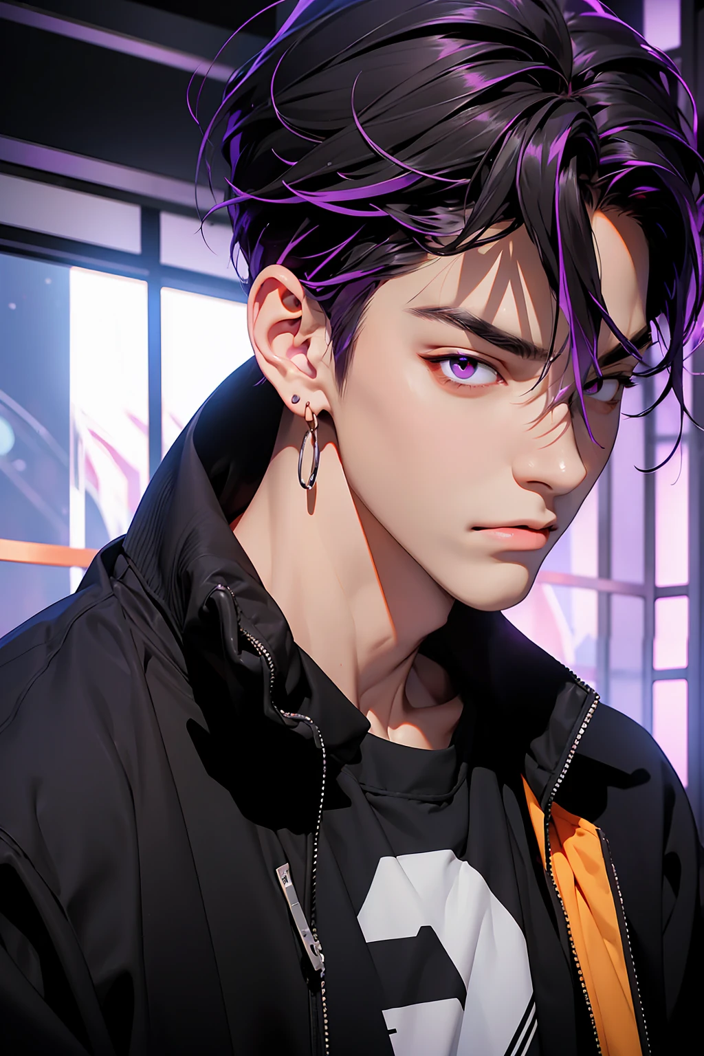 highest quality, 8K, high resolution image, anime style Jujutsu Kaisen, (Iori_suiseki), detailed strokes, bored look , blurred, purple light reflecting from it, 1 man, young, male, model, hand in pocket, cool guy, multicolored Background with various geometric shapes, around stickers, muscular,Black hair, purple eyes, multicolored hair, purple hair, hair between eyes, highlighted hair ,swollen chest,  black Jacket, sweatpants, Background: big City, he's in a sports station, there are sports fans everywhere,