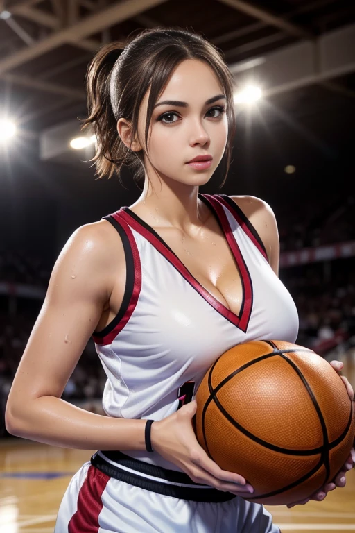 4K，masterpiece，High resolution，Very complicated，Realistically，((Sweaty 1.5))，((Shiny skin 1.5))， whole body，Summer noon， Play basketball，Basketball Pose，Basketball Uniform，Thighs， 1990s\（style\），White skin，(Sweaty cleavage 1.2)， (Highest quality), (High resolution), (Extremely delicate and beautiful),Beautiful 8k face,(Brown eyes),(Beautiful breasts),(Basketball Sportswear),((Play basketball)),((Basketball court background)),， closeup cleavage，Highest quality， RAW Photos， Realistically， Cute face， Buatigarh， Adorable， Pink shorthair， Depth of written boundary， Super detailed， Cinema Lighting