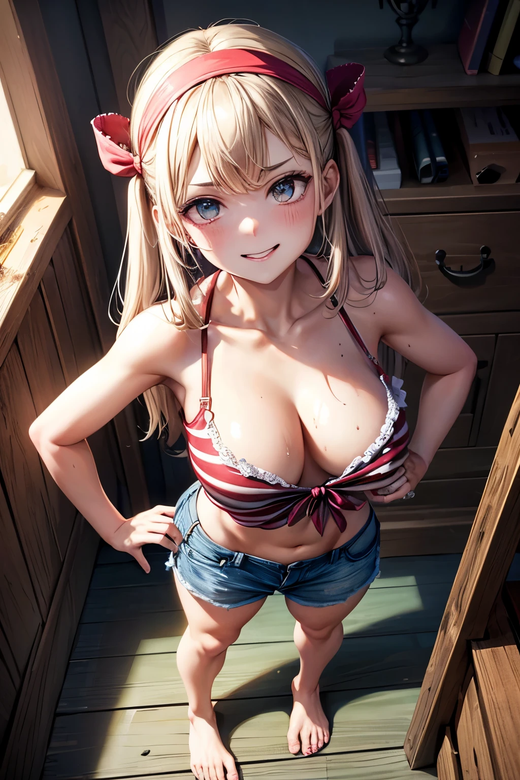 (8k, raw photo, masterpiece, extremely detailed, best quality, professional lighting, high res, cinematic, dynamic moving), BREAK (underling girl, slave, (crew of pirates, lowest-ranking pirate, underling of pirates:1.5), (underling:1.6), low-level pirate, pirate ship, (she is the lowest ranking underling crew in the pirate ship), (bandanna:1.2), she wears only shirt and pants and bandanna, (cheap striped shirt, cheap pants, dirty pants, dirty clothes, cheapest clothes, bare legs:1.5):1.3), dirty-looking skin, BREAK, (view from above, she is looking up the viewer, close up model:1.2), BREAK energetic girl, crude girl, standing, working, lower lewd girl, (ingratiating, obsequious, groveling), sfw, she's looking up me, (vulgar, lowly, depraved, dirty minded, greedy, vile, scum, lowest and lewd), petty, (dumb-stupid-silly-idiot looking), shame, liar, subservient, ingratiating smile, vulgar grin