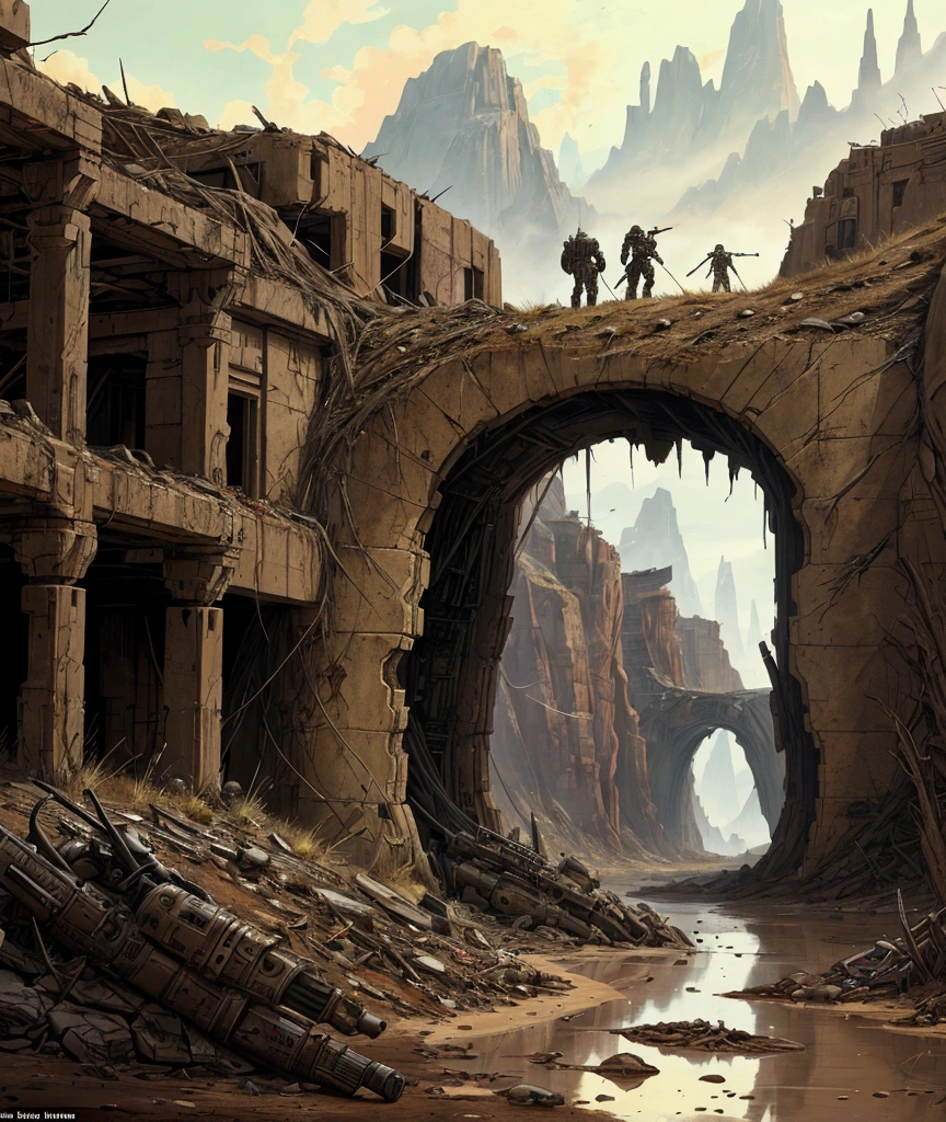 Wilderness landscape painting,Robot soldiers walking in a ruined future world:Fusion of futuristic science and steampunk,world without humans,arm,dirty,weapons,wilderness,remains of a destroyed building,lost peace,forsaken,Robots will continue the war until they run out of energy.,A stuffed teddy bear covered in mud and falling apart.,masterpiece,digital art,be familiar with,dynamic composition,seen from the side
