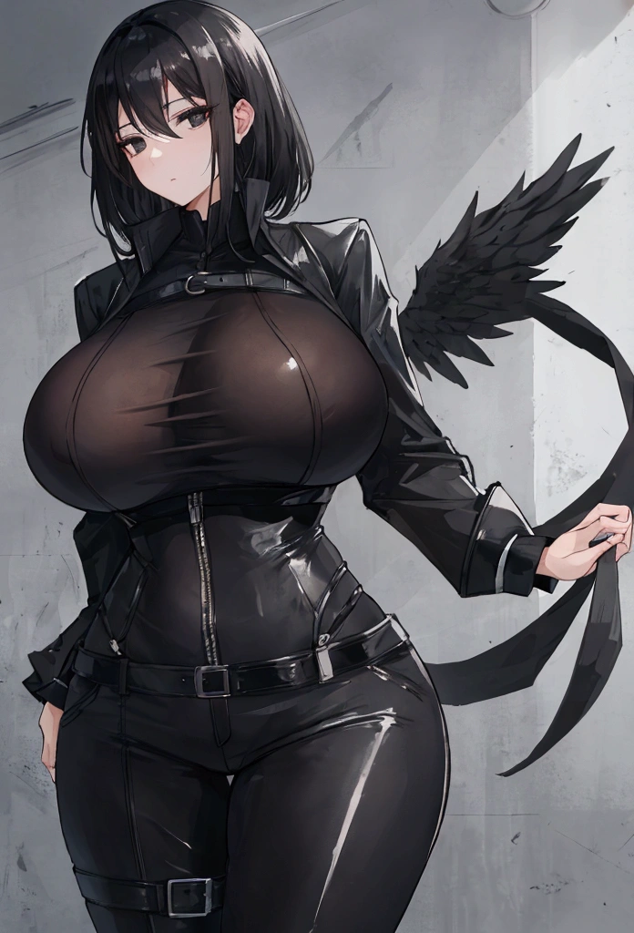 woman with big breasts, black hair, black eyes, black clothing 