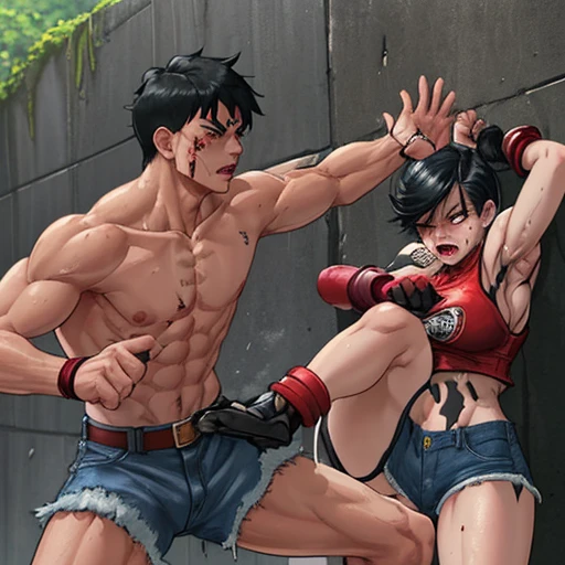 a male streetfighter is beating a female streetfighter's body so hard by kick in the backstreet. a bloody beautiful Japanese female fighter is being beating terribly by a male fighter. She is slammed on the wall by the male. Blood is dripping from her nose. She is covered in scars and bruises. she is damaged terribry. Short-cut black hair, out of breath, drooling from mouth, one eye closd, crying, exhausted, drenched in sweat. Erect nipples. open finger glove. bra-top, denim shorts