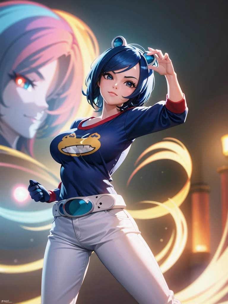 (at night), alone, in a video game scene a background of a beautiful city during the day raining, standing at attention, semi-short blue hair, anime frog face blouse, white flared pants, wears blue exercise gloves, has round glasses on her head, WEARS a RED scarf around her neck, huge belt with big round evilla, ((blue hair)), 1 girl, alone, 20 years old, young woman, perfect hands, beautiful and perfect fingers, long legs beautiful, perfect legs, beautiful body, beautiful nose, beautiful character design, perfect face, look at the viewer with serious gesture and in attack position (focusing on his face), closed mouth, Light_Smile, official art, CG unity wallpaper Extremely detailed 8k, perfect lighting, bright and colorful front lighting, glowing skin (masterpiece: 1.0), (best_quality: 1.0), ultra-high resolution, 4K, ultra-detailed photography, 8K, HDR, high resolution, nonsense: 1.2, Kodak portra 400, film grain, blurred background, bokeh: 1.2, lens flare, (vibrant_color:1.2), professional photography, (beautiful_face: 1.5), (narrow waist),
