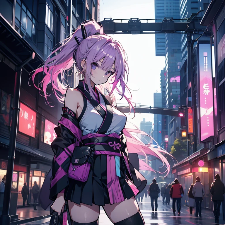 1 girl、Mature、Ample breasts、Purple Eyes、Pink Hair、Long Hair、ponytail、Ninja、Armament、kimono、Shoulder Bare、Miniskirt、Arm Covers、Pointed handbag、I don't want、Ninja、Battle Scenes、cool、Downtown、Night view、Rooftop