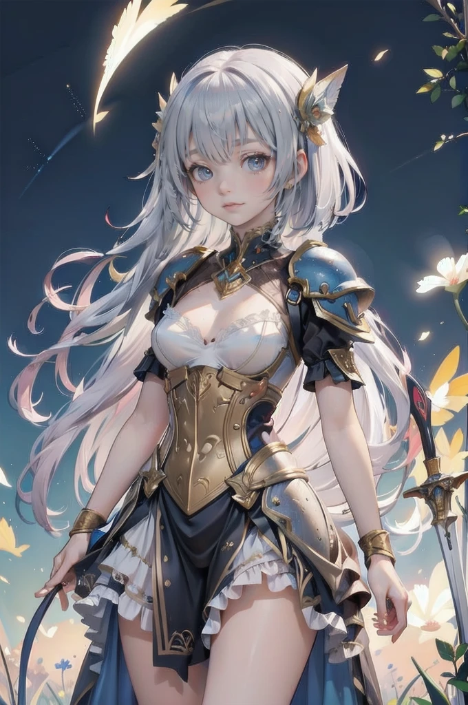 (Fantasy art),(masterpiece),(Anime Style),high quality,(Perfect Anatomy),(Perfect Fingers),((One girl)),((alone)),(Small breasts),Slender body,Silver short hair,((Hand holding a shining sword)),Beautiful and exquisite blue eyes,Beautifully detailed white armor,White loin cloth,Dynamic pose,High Fantasy,Magical colors and atmosphere,Silky to the touch,Cinema Lighting,in the forest