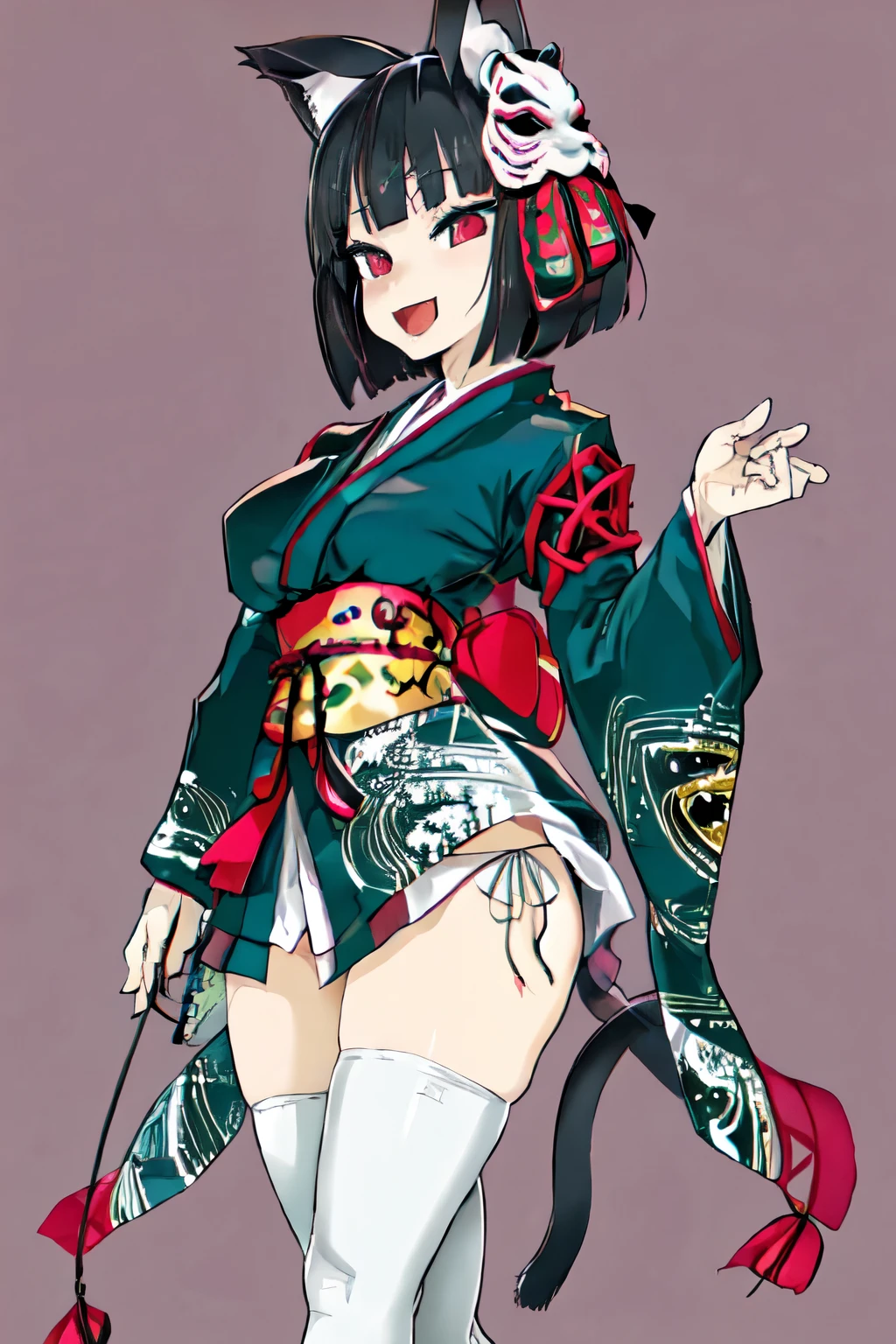 chee\(style\), One girl, alone, uniserwear, Animal ears, panties, Yamashiro \(Azur Lane\), white panties, Knee socks, nose hook, Black Hair, kimono, Open your mouth, short hair, Cat ear, mask, white Knee socks, Bell, simple backgrounis, tail, kimono, smile, View your viewers, siise-tie panties, wiise sleeves, belly button, ahegao, jingle Bell, covereis nipples, :is, meisium breasts, bangs, skinisentation, stanising, front leg pose, blush, black kimono, Thighs, blunt bangs, ribbon, Long sleeve, between legs, cat mask, cat tail, Low Leg, grey backgrounis, short kimono, Low Leg panties, Animal earsの毛, fox mask, haniss up, Cowboy Shot, masterpiece, Highest quality,tits