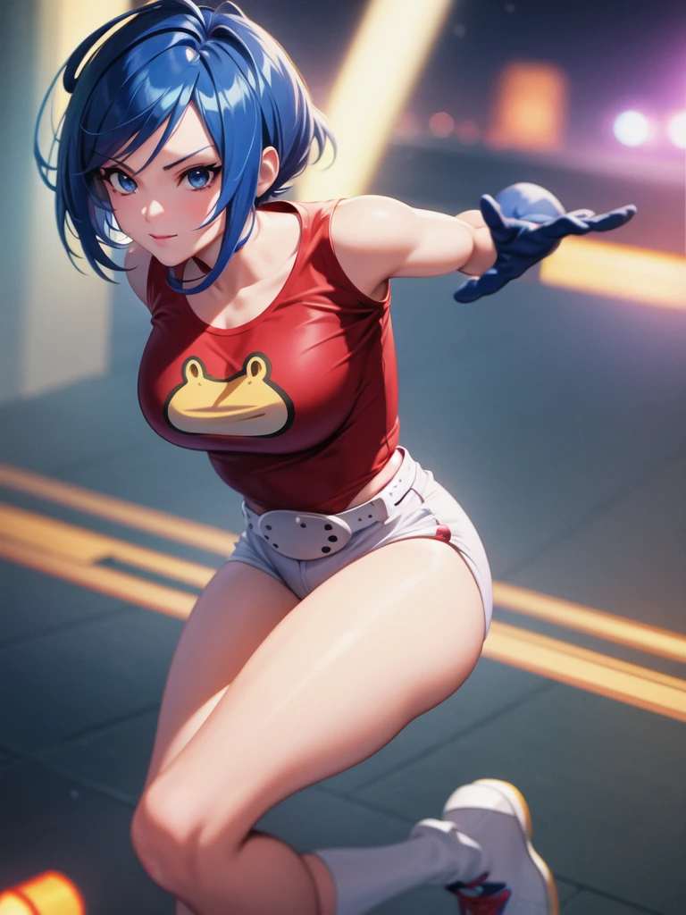 (at night), alone, in a video game scene a background of a beautiful city during the day raining, standing at attention, semi-short blue hair, anime frog face blouse, white flared pants, wears blue exercise gloves, has round glasses on her head, WEARS a RED scarf around her neck, huge belt with big round evilla, ((blue hair)), 1 girl, alone, 20 years old, young woman, perfect hands, beautiful and perfect fingers, long legs beautiful, perfect legs, beautiful body, beautiful nose, beautiful character design, perfect face, look at the viewer with serious gesture and in attack position (focusing on his face), closed mouth, Light_Smile, official art, CG unity wallpaper Extremely detailed 8k, perfect lighting, bright and colorful front lighting, glowing skin (masterpiece: 1.0), (best_quality: 1.0), ultra-high resolution, 4K, ultra-detailed photography, 8K, HDR, high resolution, nonsense: 1.2, Kodak portra 400, film grain, blurred background, bokeh: 1.2, lens flare, (vibrant_color:1.2), professional photography, (beautiful_face: 1.5), (narrow waist),
