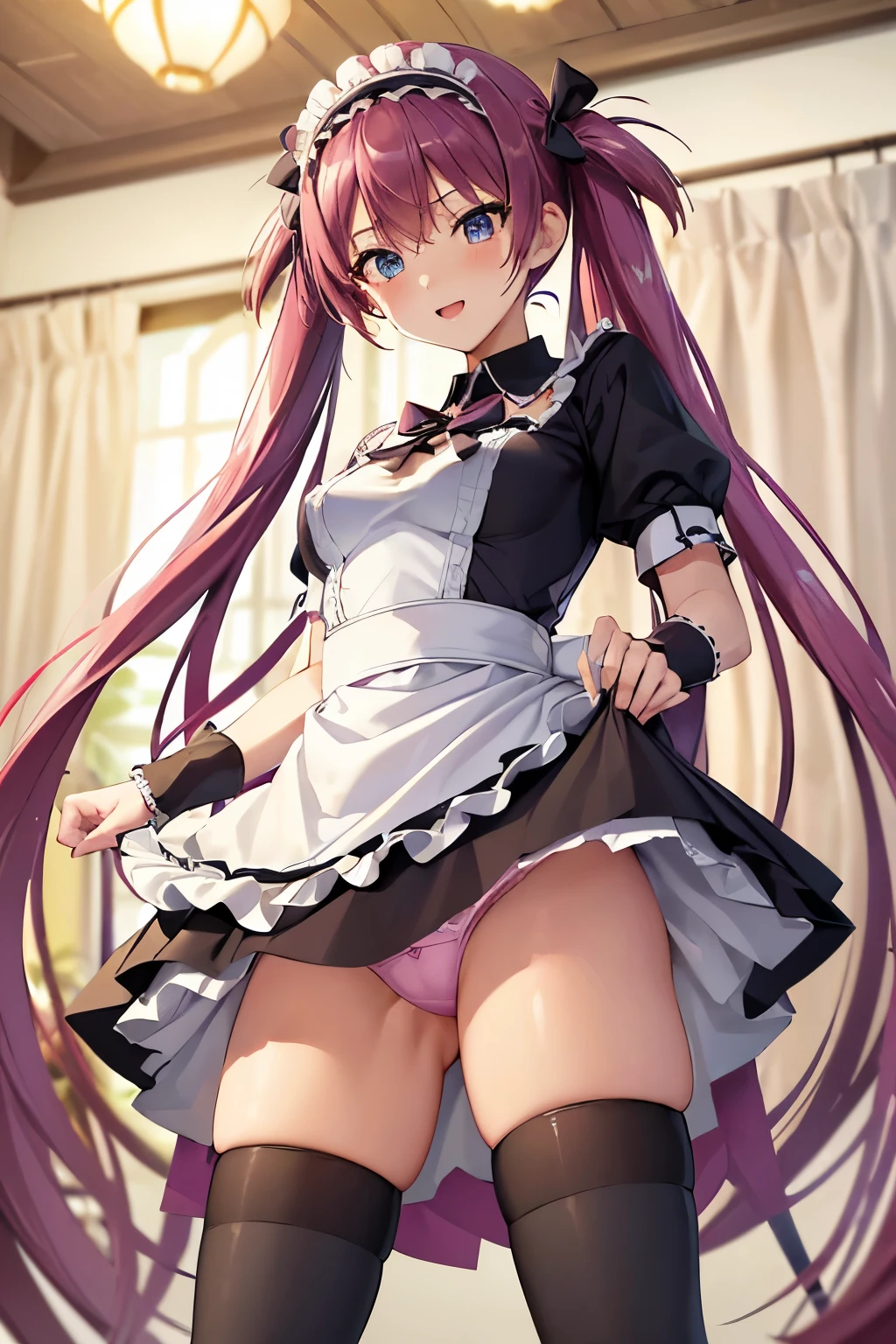 (Highest quality), (Perfect hands, Perfect Anatomy)Airlive 4, One Girl, Long purple hair, Purple eyes, blush, (Black knee-highs:1.3), apron, Maid, (Maid headdress), (small breasts: 1.2)、slender body, (thin legs: 1.2), Wrist cuff, (pink Lace Panties)、(Skirt Lift), (show off panties)、 from below, Laughter, sutanding, indoors