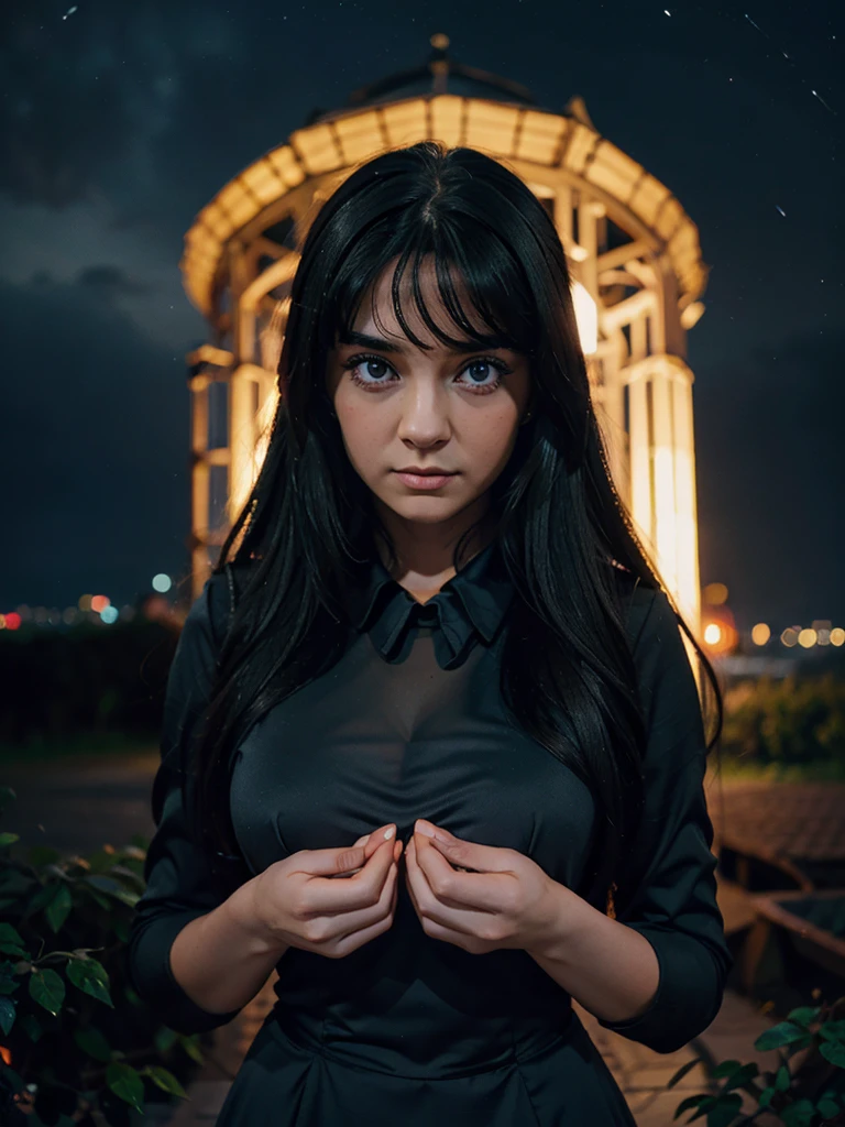 beautiful woman, black dress, сидит на краю skyскреба nightю, long hair in disarray, flirting, sad eyes, holding a photograph in your hands, ultra HD, realistic, night, a lot of night lights, sky, high detail, UHD drawing, perfect composition, beautiful detailed complex