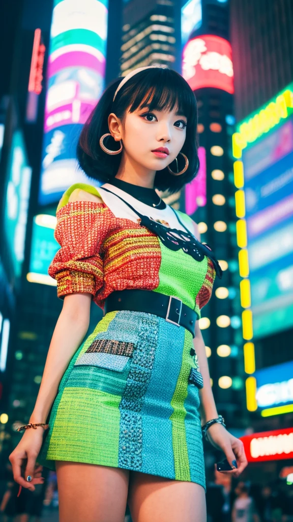 Masterpiece, Top quality, Wearing unique Harajuku style clothing, Mint green stands out, Bold colors and patterns, Eye-catching accessories, Trendy and innovative hairstyle, Bright makeup, Dazzling cyberpunk cityscape, Skyscrapers, Neon signs, LED lights, Bright and vibrant color scheme, Anime, Shape, Finely textured skin, High quality fabrics, Intricate details, Extremely detailed, Low angle, Full body, Vision (Look away: 1.4), Dynamic pose, Short hair,