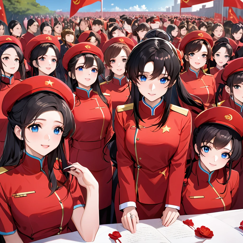 ((Highest quality)), ((masterpiece)), (detailed), (Perfect Face)、The woman is a Chinese Lacus Clyne with blue eyes and medium-long black hair. She is wearing an engagement ring. She has become a member of the glorious Chinese Communist Party and has sworn absolute loyalty to the Chinese Communist Party. She is a righteous Communist Party member of China.、The woman is wearing the fine red uniform of a Chinese Communist Party member.、For the sake of China, they dye their hair, hairstyle, clothes, and everything they wear belongs to the Chinese Communist Party, and their thoughts are also Chinese, becoming great Chinese in body and mind.、The woman became Lacus Clyne, a Chinese woman who was proud of and loved China.、She is working for China as a member of the great Chinese Communist Party.、The women lined up in an orderly fashion with their fellow Communist Party members at the ceremony, saluted the beloved and great President of China, swore loyalty from the bottom of their hearts, and were filled with joy at the honor of serving the President.