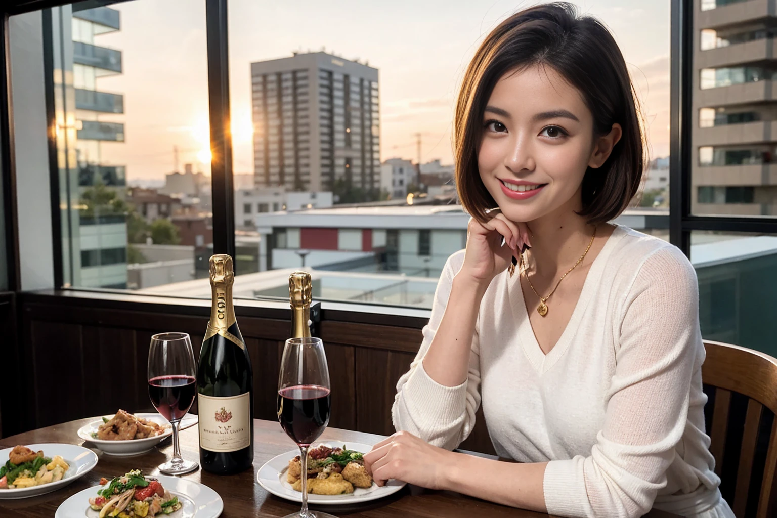（Realistic:1.1）,(masterpiece,Highest quality)，8k,(56 years old), 53 years old, ベリーslimボディ、slimカップル、Tight waist,Upper Body,full-course dinner、wine 、Amazing view of the sunset sky and clouds、Perfect Anatomy, Brown Hair, short hair,Random Hairstyles,((Highly detailed face and eyes:1.2))，Perfect golden ratio face，Long sleeve shirt、dress,(smile:1.2)、Shortcuts、cute、(Realistic, Intricate details:1.2), A bright smile、short hair,Bright Face、赤wine 、Appetizers、Italian food、wine bottle、Champagne、スパークリングwine、(slimな顔), (The body is slim), (Brown Hair), (Shortcuts),  Upper Body, 白wine, slim, wineグラス, 