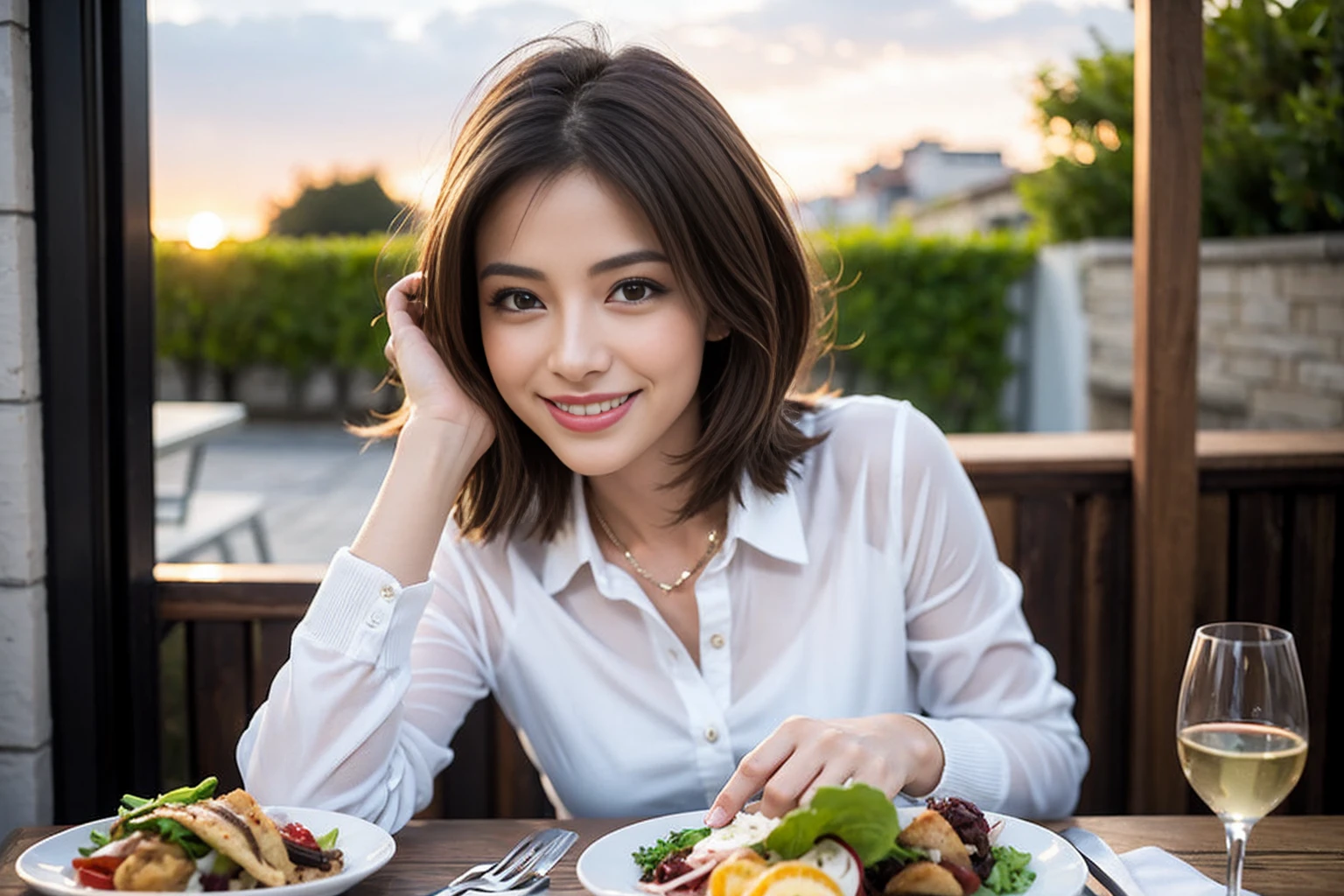 ((Highest quality、8K、masterpiece:1.3))、cute、slimカップル、modelカップル、actress男優、(Realistic, Intricate details:1.2), full-course dinner、Wine Party、Amazing view of the sunset sky and clouds、A bright smile、short hair,Bright Face、 (Age 45), 42 years old, red wine 、Appetizers、Italian food、Wine bottle、Champagne、sparkling wine、Two beauties、Brown Hair、Shortcuts、Long sleeve shirt、dress、Beautiful woman 1, (slimな顔), (The body is slim), (Brown Hair), (Shortcuts), cheeks turn a little red,Attractive beauty、restaurant, In a prominent place (From the waist up) Nova Frog Style, actress, model, Upper Body, White wine, slim, wine glass, 中央に置かれたwine glass, smile, (smile: 1.15), Beautiful fine grain, Depth f/2,saturation, High Contrast, Strong light and shadow,Moist Body:1.5、3D texture、Delicate eyes、Brown Hair、The hair is very shiny、