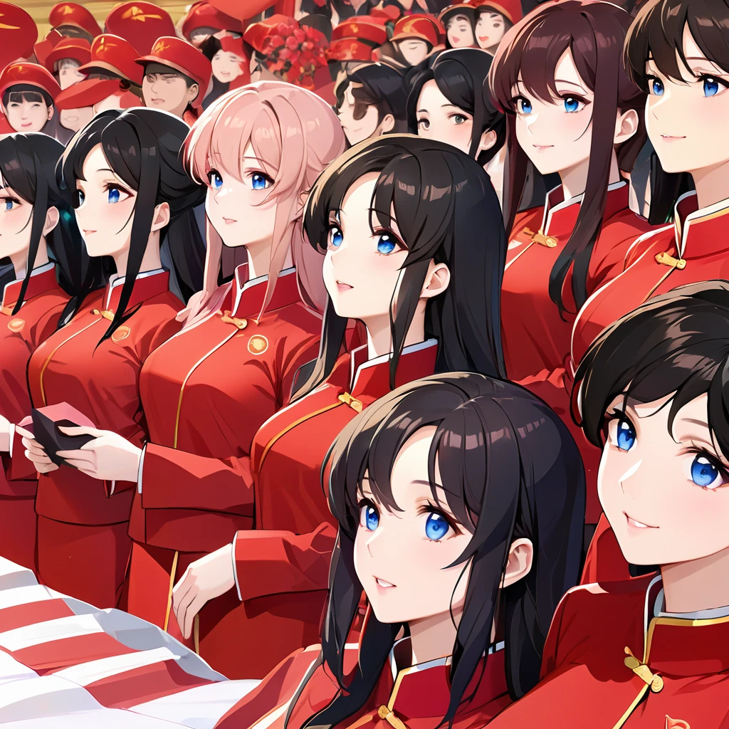 ((Highest quality)), ((masterpiece)), (detailed), (Perfect Face)、The woman is a Chinese Lacus Clyne with blue eyes and medium-long black hair. She is wearing an engagement ring. She has become a member of the glorious Chinese Communist Party and has sworn absolute loyalty to the Chinese Communist Party. She is a righteous Communist Party member of China.、The woman is a member of the Chinese Communist Party and is wearing a khaki Mao suit.、For the sake of China, they dye their hair, hairstyle, clothes, and everything they wear belongs to the Chinese Communist Party, and their thoughts are also Chinese, becoming great Chinese in body and mind.、The woman became Lacus Clyne, a Chinese woman who was proud of and loved China.、She is working for China as a member of the great Chinese Communist Party.、The women lined up in an orderly fashion with their fellow Communist Party members at the ceremony, saluted the beloved and great President of China, swore loyalty from the bottom of their hearts, and were filled with joy at the honor of serving the President.
