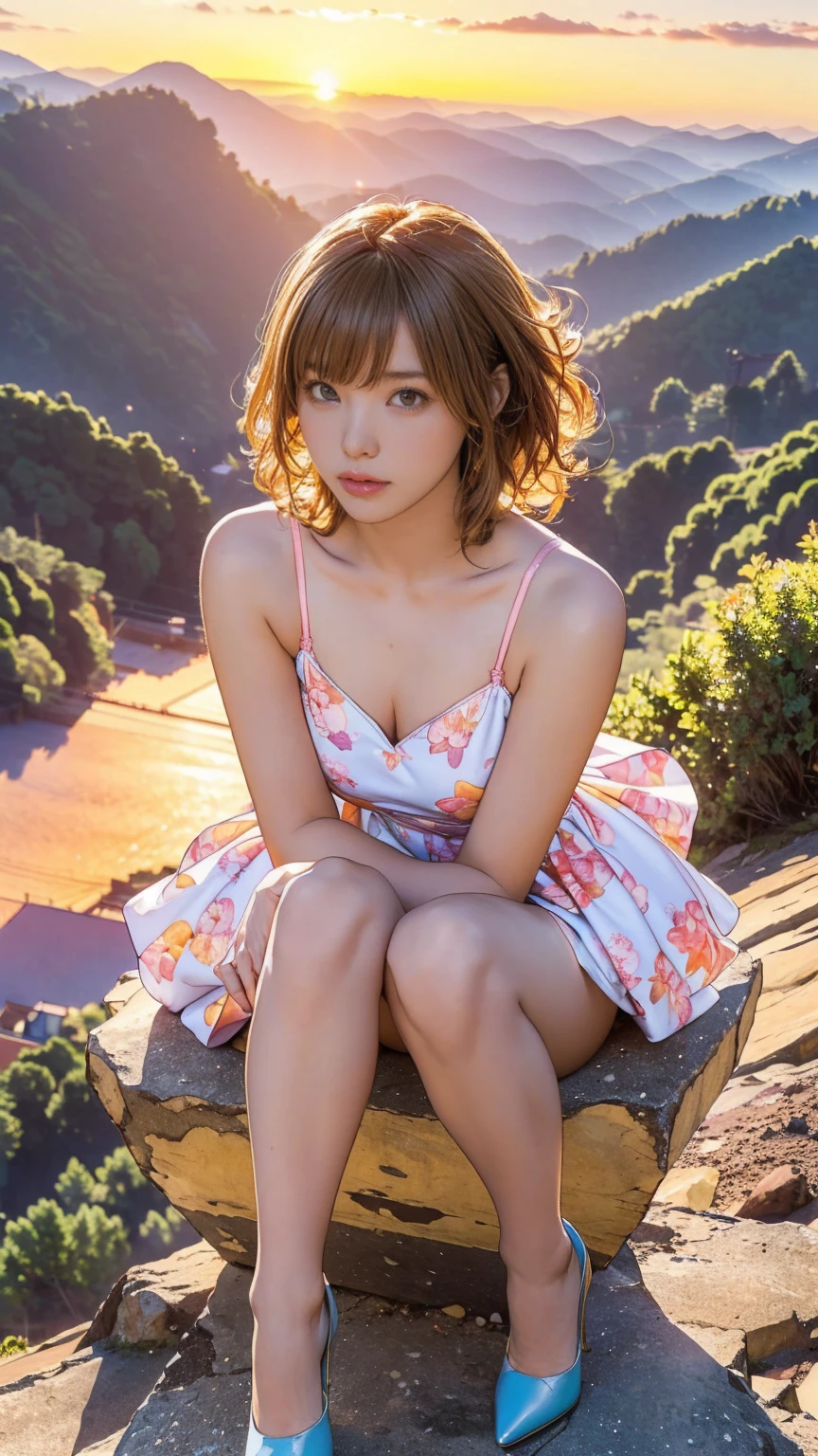 masutepiece, Best Quality, Hyper Detailed, Solo, kawaii, li face and big boobs, Happy, flushed, looking at viewer, Cowboy Shot, (From below:1.5), Legs spread, short hair, Brown hair, fleshiness, Japanese, orange sundress, In the city, kawaii, Lens Flare, top-down bottom-up:1.4, panty focus