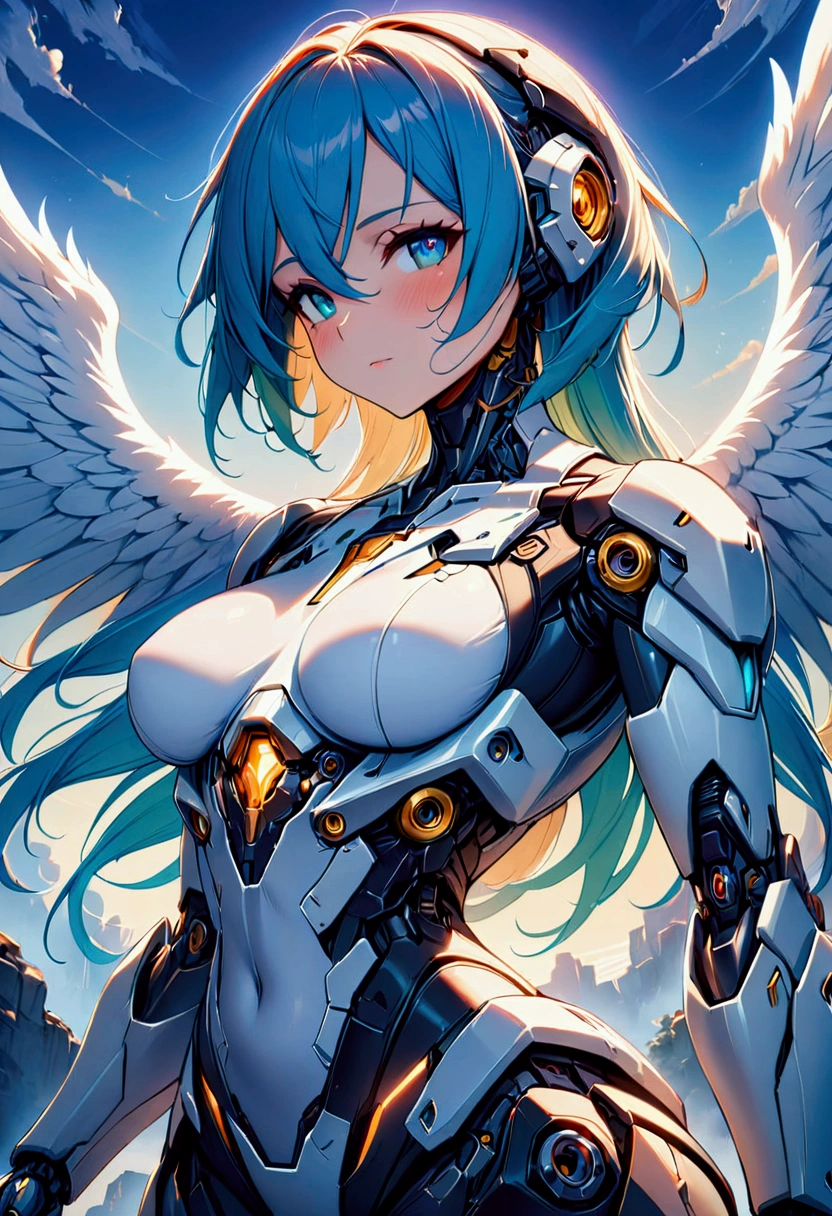 1 girl, cyborg angel, partly mechanised, half of the face is mechanized, angel wings also mechanized, (masterpiece:1.2), 