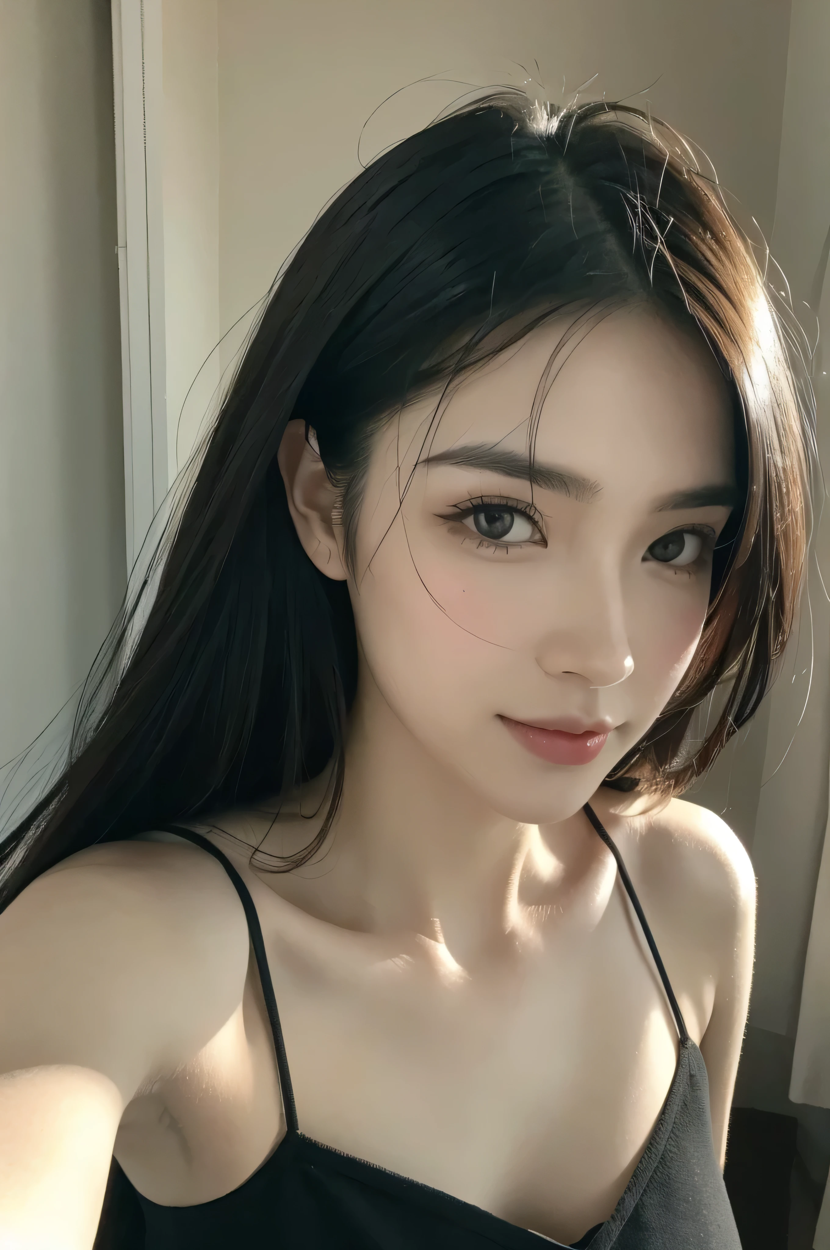 (best quality,4k,8k,highres,masterpiece:1.2),ultra-detailed,(realistic,photorealistic,photo-realistic:1.37),ultra realist photo selfie of a beautiful asian woman with long black hair, detailed facial features, serene expression, intricate hairstyle, taking a selfie with the camera, soft studio lighting, warm color palette, cinematic composition